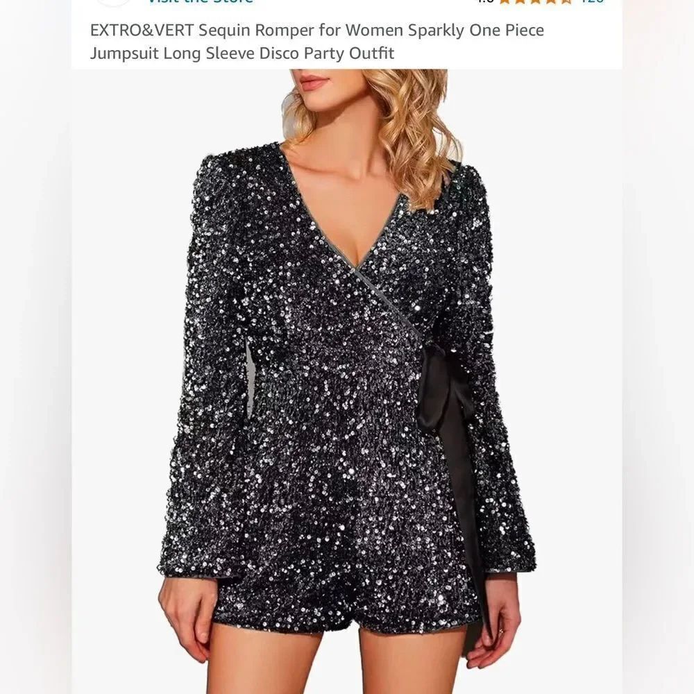 Extro&Vert Women Shorts Romper Sz Small Black Sparkly Silver Sequins Velvet Club — image 5 of 8